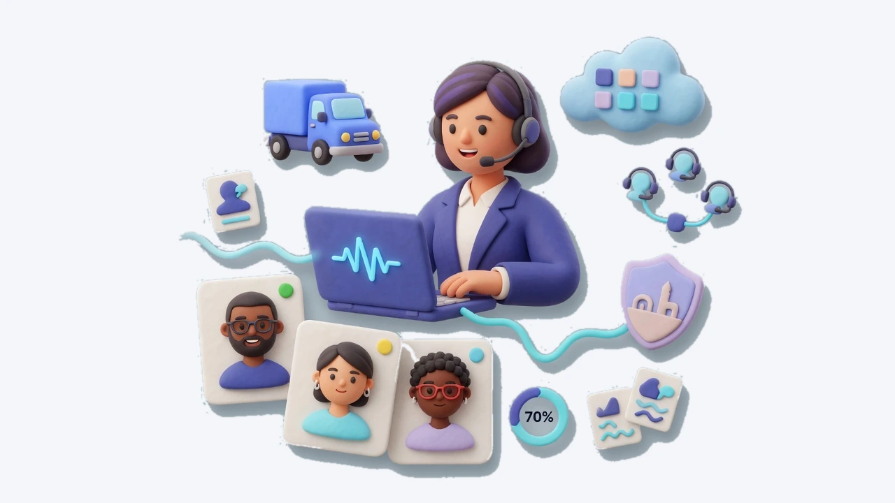 Soft 3D illustration of multi-industry sales call practice with buyer personas
