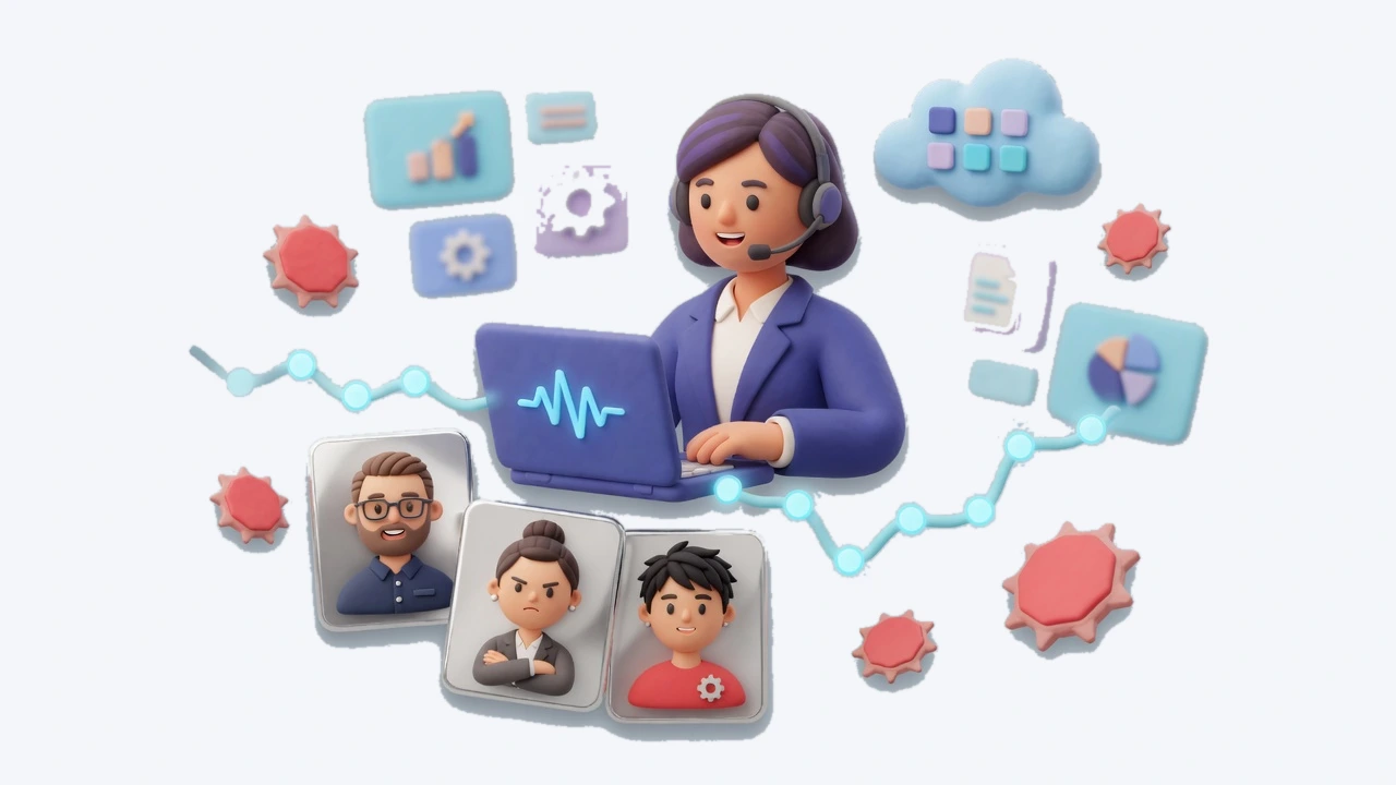 Illustration of SaaS sales practice with product tiles, pipeline, and buyer personas