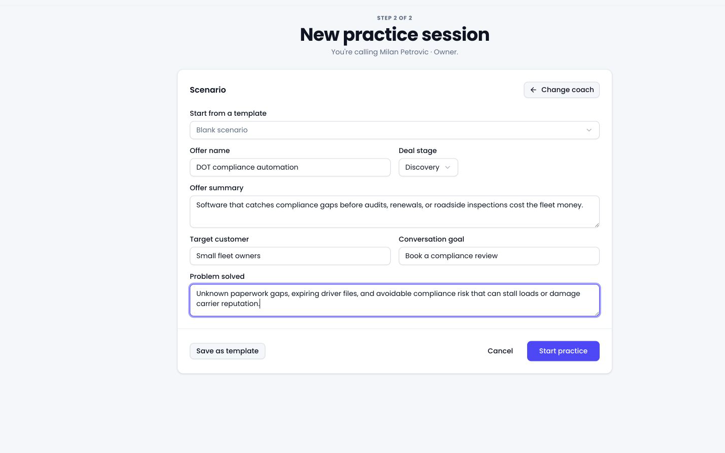 Freqo scenario builder for call practice setup